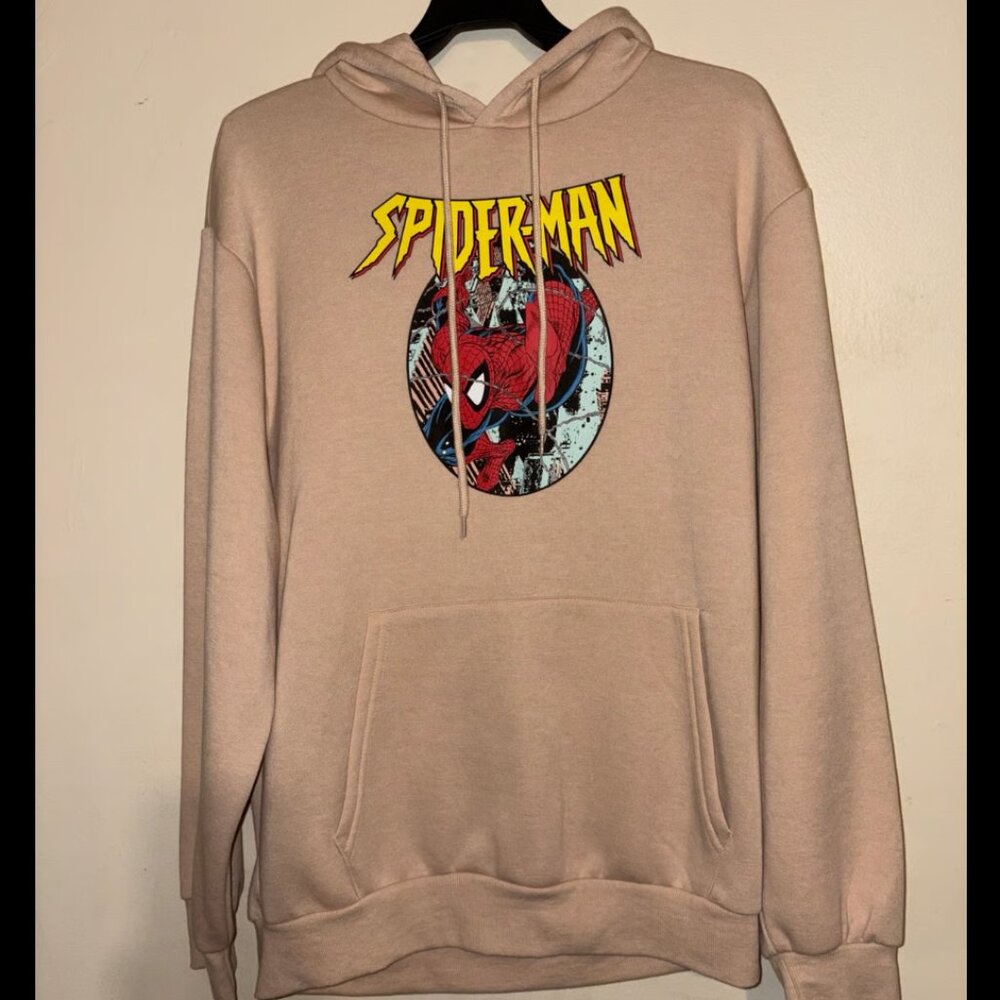 NWT Marvel SPIDERMAN Hoodie Men’s Medium Tan Sweatshirt Vintage Comic Print 90s